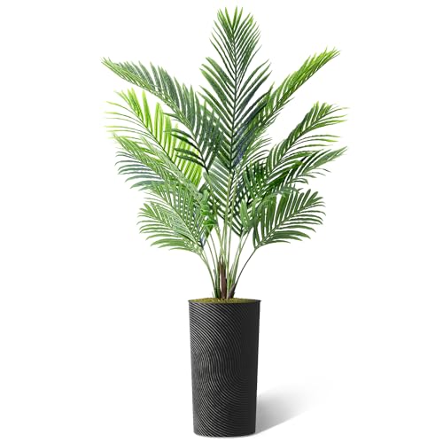 Artificial Tree in Geometric Spiral Pattern Planter, Fake Areca Tropical Palm Silk Tree for Indoor and Outdoor Home Decoration - 66" Overall Tall (Plant Pot Plus Tree) - style: Areca Palm Tree