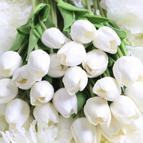 PU Real Touch Tulips Artificial Flowers 30Pcs Fake Flowers Arrangement Bouquet for Home Office Wedding Decoration (White) - color: White 30pcs