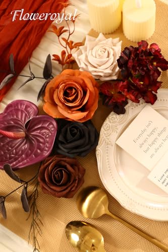 Floweroyal Halloween Artificial Flowers Black Flowers Mix Silk Flowers Fake Roses with Stems for DIY Wedding Bridal Bouquets, Baby Shower, Floral Arrangement, Table Centerpieces, Home Decorations - color: Brown & Black