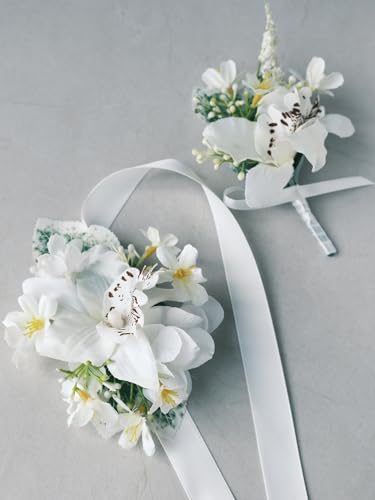 White Rose Wrist Corsage and Boutonniere Set with Ribbon Ties Wedding Prom Formal Accessories (White Style 3) - color: White Style 3