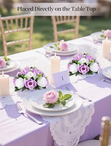 BLOSMON Lilac Flowers Balls for Centerpieces: 10 Pcs Purple White Fake Roses Flower for Wedding Table - Artificial Silk Kissing Bouquet Floral Arrangement Center for Home Party Event Decor | Purple White artificial Floral Arrangement for Wedding - Faux Si