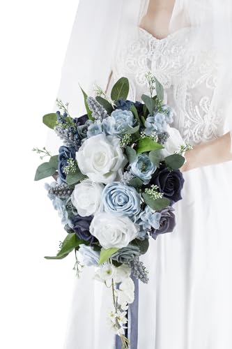 10 Inch Dusty Blue Wedding Bouquets for Bride Artificial Roses Flower Cascading Cascade Bridal Bouquet for Rustic Boho Fall Vintage Wedding Ceremony Party and Anniversary - color: Dusty Blue