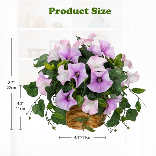 Briful Artificial Flower Arrangements for Tables Fake Potted Morning Glory Silk Flowers with Rattan Basket Faux Floral Centerpiece for Home Office Bedroom Wedding Party Decor(White Purple) - color: White Purple