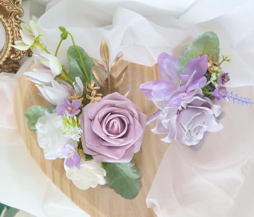 2Pcs Wedding Corsage and Boutonniere Set Purple Rose Corsage Wristlet and Boutonniere for Men Women Groom Bride Bridesmaid Groomsmen Wedding Party Accessory Prom Decoration (Purple) - color: Purple
