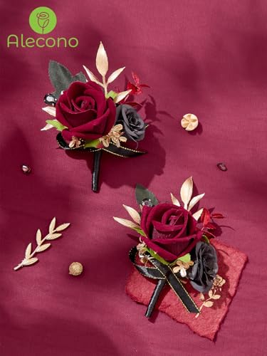 Alecono Boutonniere for Men, Set of 2 Burgundy and Black Boutonniere for Wedding Groom Bridegroom, Artificial Flowers for Prom Graduation Ceremony Anniversary - color: Burgundy, size: Boutonniere 2pcs