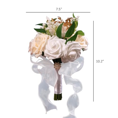 LEIFENY Wedding Bouquets for Bride, Champagne & White Bridal Bridesmaid Flower with Silk Ribbon, Artificial Toss Rose for Civil Ceremony - color: Champagne White