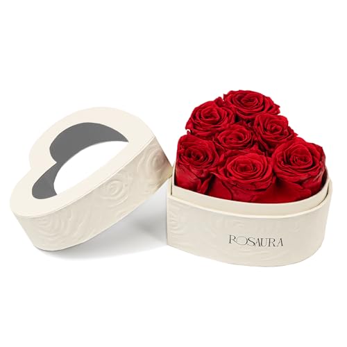Rosaura Heart-Shaped Preserved Roses Gift Box - Real Forever Flowers for Christmas, Birthday, Valentine's & Mother's Day (red, 7 roses) - color: red, size: 7 roses
