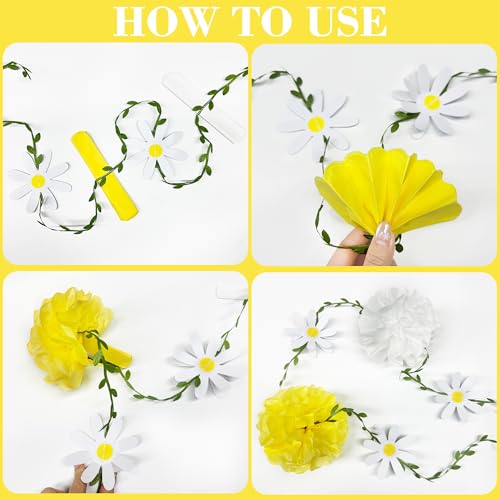 Daisy Party Decorations Yellow White Tissue Flowers Pom Pom Daisy Hanging Leaf Garland Streamer Banner for Spring Summer Themed Birthday Baby Shower Wedding Tea Party Supplies Home Garden Decor - color: Yellow White Daisy