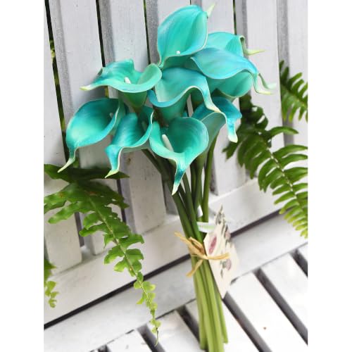 FiveSeasonStuff Cerulean Blue Real Touch Calla Lilies, 15 Artificial PU Flower Stems with Bendable Green Stems, Faux Calla Lily Bouquet for Vase Arrangements - color: Cerulean Blue