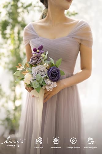 Ling's moment Artificial Bridesmaid Bouquets Set of 6,Purple Wedding Flower Bouquets Lilac Rose Floral Bouquet Bridal Bouquets with Ribbon Ceremony Anniversary,7-inch Diameter - color: Prpl-lilac & Gold