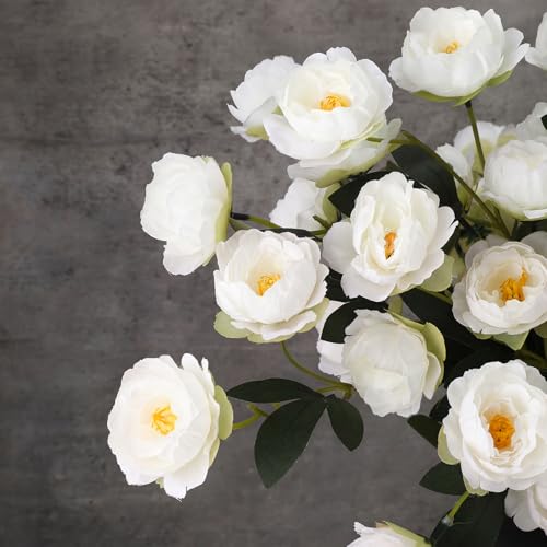 6 Pcs 32" Large White Artificial Peonies Stems Flowers, Real Look Faux Silk Peony Bouquet 42 Heads Total for Vase Filler, Farmhouse Rustic Neutral Home Decor, Wedding Centerpieces - color: White