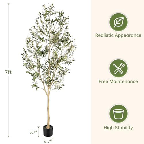 Realead Faux Olive Tree 7ft - Realistic Olive Trees Artificial Indoor with Natural Trunk and Realistic Leaves- Tall 7 Feet Fake Olive Tree for Home Office Décor - size: 7ft