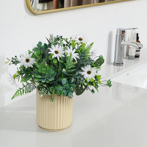 Artificial Flower and Fake Plants in Ceramic Pot,Artificial Plants Indoor, Fake Flowers in Vase for Table Centerpiece Decorations, Faux Plants Flowers Arrangement for Home Office Decoration - color: Green&white