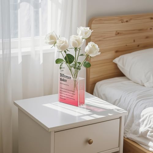 BuyCard Clear Acrylic Book Vase with Difference Maker, Transparent Decorative Flower Vase, Bookshelf Decor,Unique Stuff for Book Lovers, Motivational Gift, Pink - color: Gradient Pink