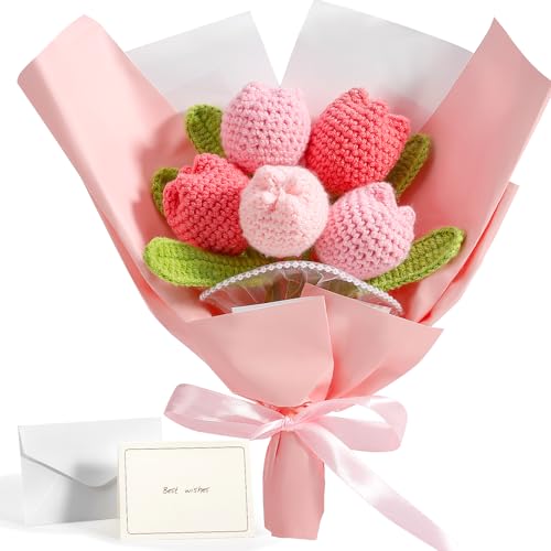 Omldggr Crochet Flower Bouquet with Blank Greeting Cards, Handmade Crochet Tulips, Graduation Bouquet, Crochet Plant for Valentines Day, Friends, Mother's Day, Birthday Wedding Home Decor - color: Pink-tulips