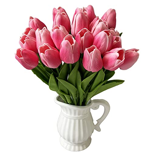 UKELER Tulips Artificial Flowers Bulk 24 Pcs Faux Tulips PU Floral Spring Fake Flowers for Home Kitchen Wedding Birthday Party Decorations, Dark Pink - color: Dark Pink