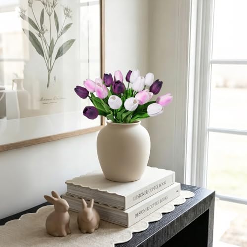 Beferr 18pcs Tulips Artificial Flowers Faux Tulip Real Touch Tulip Fake Flowers Bouquets Arrangements for Mothers Day Spring Easter Wedding Home Table Decor Blue - color: F-18pcs-3colors-mix Purple, size: 18PCS