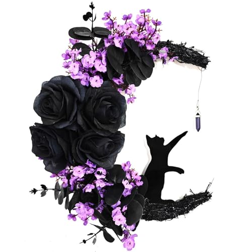 Halloween Wreaths for Front Door, Flower Moon Cat Halloween Home Decoration, Family Gathering Decoration Wreath，Outdoor, Wall, Closet, Fence, Wreath Christmas (Moon Cat - Purple) - color: Moon Cat - Purple