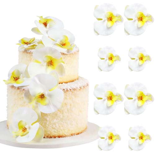 8PCS Artificial Phalaenopsis Cake Toppers Yellow White Butterfly Orchid 3D Flowers Cake Decorations for Floral Wedding Bridal Engagement Women Birthday Mother's Day Party Decoration Supplies - color: Yellow White