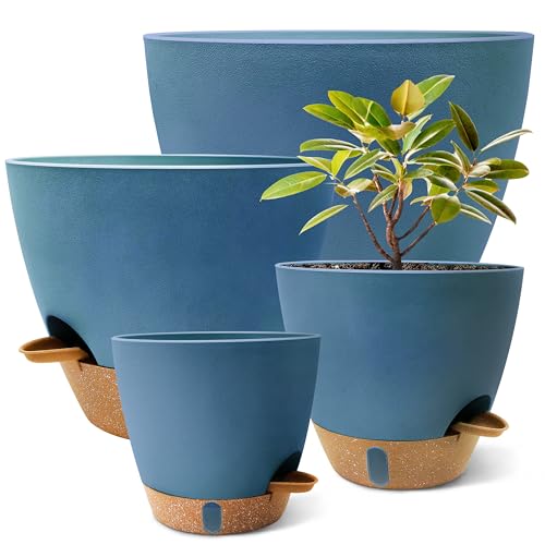 12"/10"/9"/8" Self Watering Pots with Visual Water Window,Extra Large Self Watering Plant Pots with Drainage Holes & Saucers,Blue Planters for Indoor Plants,4-Pack - color: Blue
