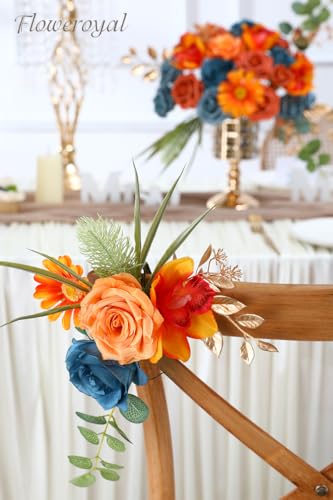 Floweroyal Artificial Flowers Combo Orange Flowers Mix Silk Flowers Fake Roses with Stems for DIY Wedding Bridal Bouquets, Baby Shower, Floral Arrangement, Table Centerpieces, Home Decorations - color: Peacock Blue & Orange