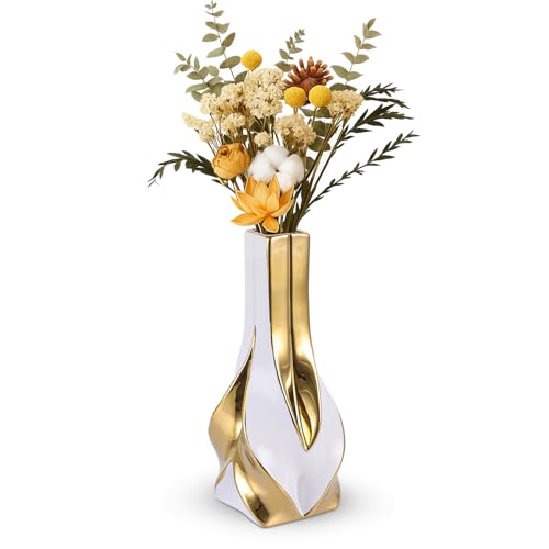 10.6" White and Gold Ceramic Vase, Modern Geometric Flower Vase for Dining Table Centerpiece, Elegant Decorative Vase for Pampas Grass, Living Room, Bedroom, Office, Tabletop Decoration - color: White Gold
