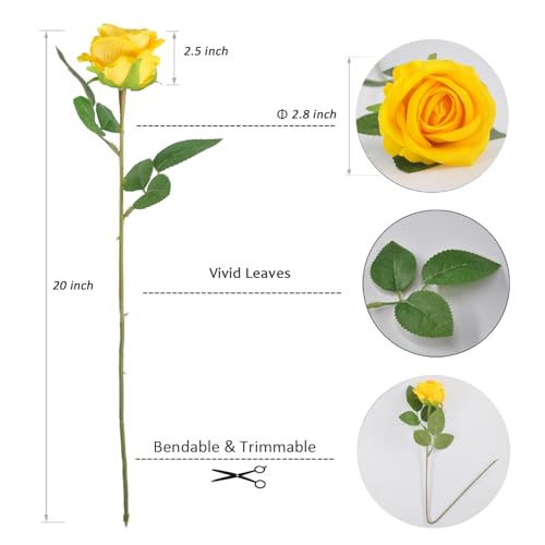 Kenpal Realistic Fake Roses Artificial Flowers with Stem for Decoration Floral Arrangement Centerpieces Wedding Bouquets (10, Yellow) - color: Yellow