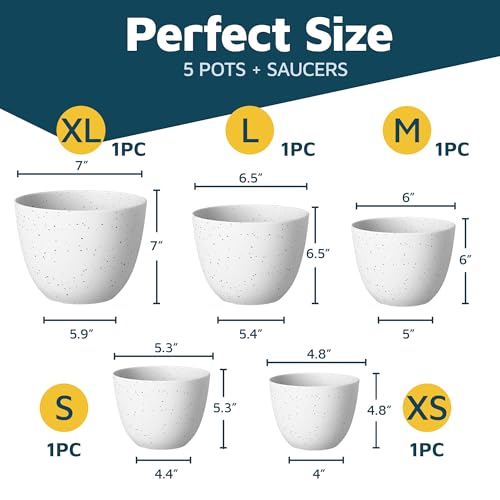 White Gray Plant Pots with Drainage Holes & Saucers 5 Pack, Indoor & Outdoor Stackable Space-Saving Planters for Houseplants & Flowers, (7", 6.7", 6", 5.3", and 4.8" Inches), Durable & Weatherproof - color: White Gray, size: Pack of 5