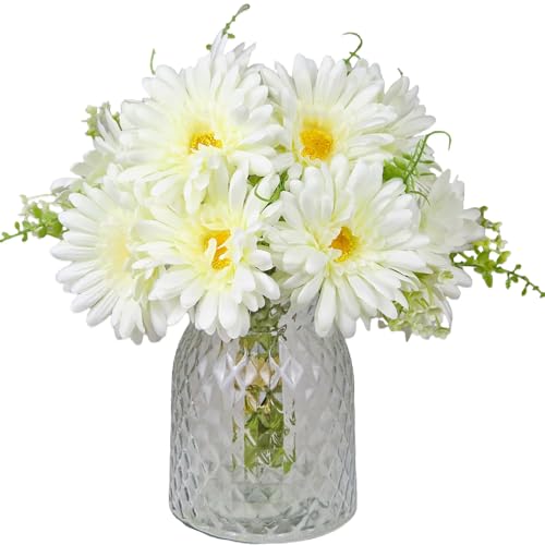 TOPIA Fake Flowers Artificial Gerbera Daisies Bouquet Silk White 10 Stems Match with Wild Flowerets