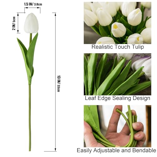 Tanvecle 20pcs White Artificial Tulip Flowers, Silk Fake Flowers 13" for Mother's Day, Easter, Valentine’s Day Gifts in Bulk, Home, Kitchen, Wedding Decorations - color: White