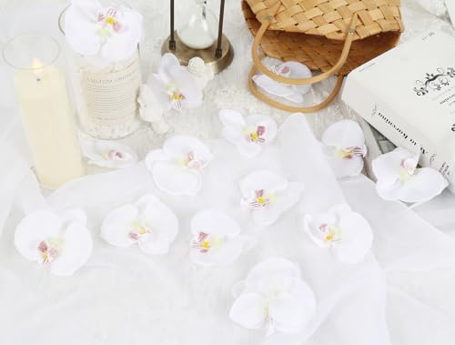 White Orchid Artificial Flowers Heads 15PCS Fake Orchid Heads Silk Flowers Bulk Real Touch Faux Orchids for Cake Bridal Shower Home Party Wedding Decoration (White) - color: White