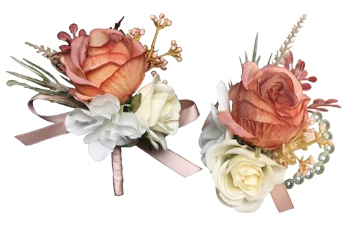 Corsage and Boutonniere Set Corsage Wistlet Terracotta Corsage Wrist Artificial Flower Perfert for Proms | Weddings for Bride,Bridesmaids, Groom,Groomsmen Decor (Terracotta) - color: Terracotta