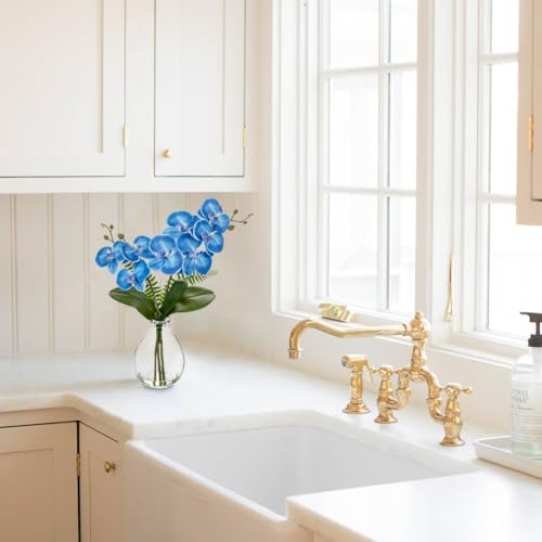 Oairse Blue Orchids Artificial Flowers, Faux Orchid in Glass Vase Real Touch Small Phalaenopsis Orchid Flowers Arrangements with Clear Vase Orchids Centerpiece for Dining Room Table - color: Blue & Clear