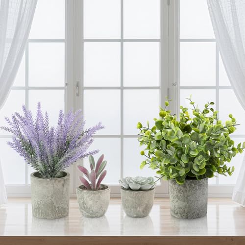 ALAGIRLS 4 Packs Fake Plants Small Artificial Plants for Shelf Lavender Flowers Eucalyptus Succulents Plants Potted Faux Plants for Home Indoor Office Bathroom Living Room Decor - color: Lavender-4pc