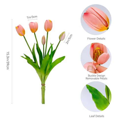 4 Budles (20Pcs) Tulips Artificial Flowers 13" Latex Fake Flowers for Wedding Home Decor (Coral) - color: Coral