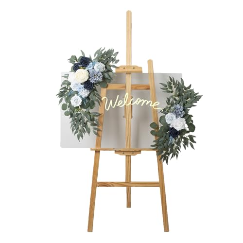 AitnWoy Artificial Wedding Arch Flowers Kit 2 PCS Dust Rose Flowers Silk Peony Floral Swag Welcome Sign for Wedding Ceremony Party Home Garland Decor - color: Blue, size: 2.4*13*14