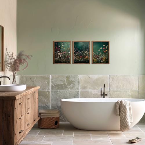 Vintage Wildflower Wall Art Set of 3, Dark Green Flower plant Canvas Prints Wall Decor, Gothic dark style pastoral landscape painting for Living Room Bedroom Farmhouse Home Decor 16x24in Wood Framed - color: Green flowers, size: 24L" x 16W"