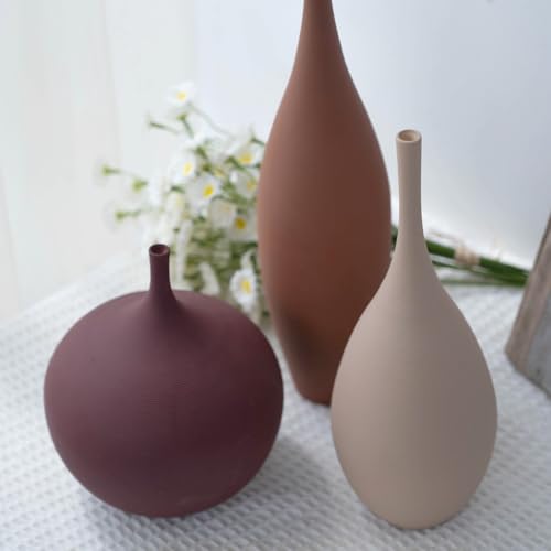 Relexome Ceramic Modern Vase Set of 3 Farmhouse Decorative Vase Minimalist Aesthetic Vases for Centerpieces Matte Ribbed Vases for Home Decor Table Entryway Living Room (Brown+Khaki+ Dark Red) - color: Multicolor