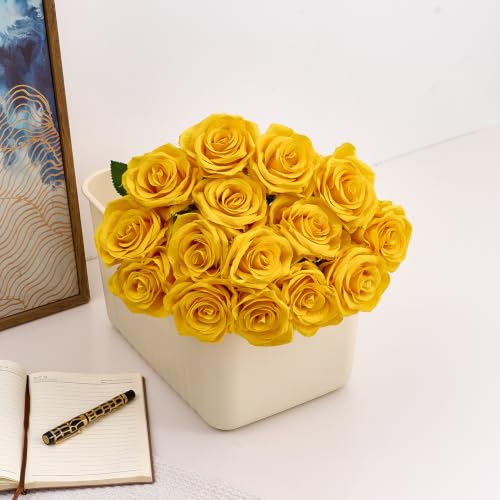 50pcs Yellow Roses Artificial Flowers Bulk Fake Roses Silk Flower with Stems Realistic Flowers for Wedding Centerpiece Party Birthday Decor - color: Yellow