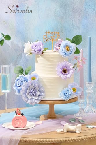 Serwalin Artificial Blue & Purple Flowers, Silk Fake Flowers for DIY Wedding Bouquets Cake Flowers, Table Centerpieces Baby Shower Birthday Party Home Decorations - color: Blue & Purple, size: Grand