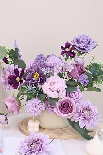 Artificial Flower Purple Combo Box Set Fake Rose Dahlia for DIY Wedding Center Bouquet Bride Baby Shower Party Tables Decoration Floral Arrangements. - color: Lavender & Dark Purple