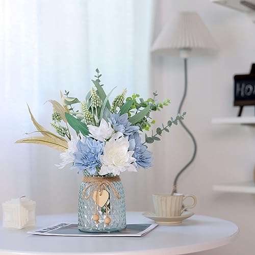 Faux Flowers with Vase,Artificial Silk Flowers in Vase, Fake Plant Eucalyptus and Willow,Flower Arrangement for Home Farmhouse Dining Table Centerpiece Decorations Coffee Table Decor (Dusty Blue) - color: Dusty Blue