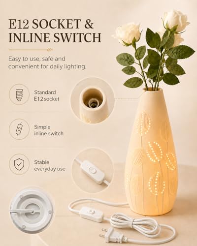 TACAHE Ceramic Vase Table Lamp, 2700K Bulb & 3 Artificial Flowers Included, E12 Socket, Inline Switch, Handmade Openwork Craft, Ambient Light for Living Room Bedroom - Tulip 11" - style: Tulip