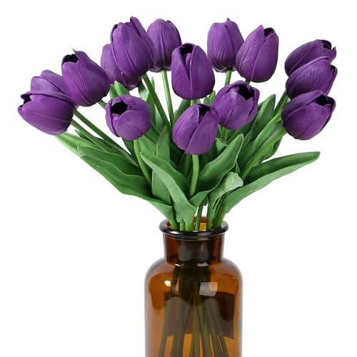 SITUMEIZI 15pcs Tulips Fake Artificial Flowers Real Touch 14" PU Flower for Home Decor Easter Spring Wedding Bouquet Decorations Mother's Gift Day Floral Arrangements(Deep Purple) - color: Deep Purple