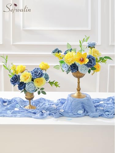 Serwalin Artificial Yellow & Blue Flowers, Silk Fake Roses Flowers, Faux Flowers for DIY Wedding Bouquets Cake Decoration Baby Shower Centerpieces Floral Arrangements Party Decor - color: Blue & Yellow, size: Grand