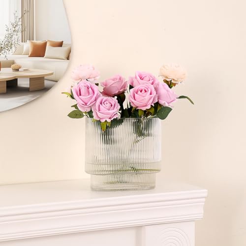 Ribbed Vase, Fluted Glass Vase for Flowers, Clear Flower Vases for Tulips, Modern Vases for Living Room, Dining Table, Office, Bedroom, Mantle, Shelf, Wedding, 7 Inch - color: Clear, size: Oval 7 Inches