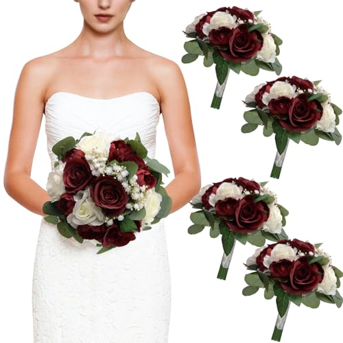 Set of 4 Bridesmaid Bouquets, 11 Inch Wedding Bouquets for Bridesmaids Artificial Flower Bouquets for Wedding Ceremony Bridal Shower Decorations - Burgundy & White - color: Burgundy & White, size: Set of 4 Bouquets
