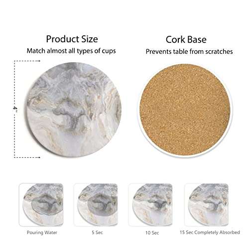 Set of 6 Abstract Gray White Marble Coasters with Holder, Absorbent Ceramic Coasters for Drinks, Coasters with Cork Backing for Table Protection, Housewarming Gifts for New Home - color: Abstract Gray White Marble