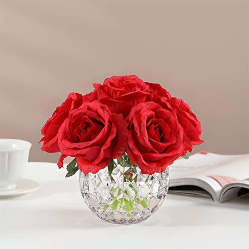 7 Large Stem Rose Red Artificial Flowers in Vase, Silk Flowers Arrangement in Round Glass Vase Without Water for Home Decor, Wedding Table (Red) - color: Red W/O Water