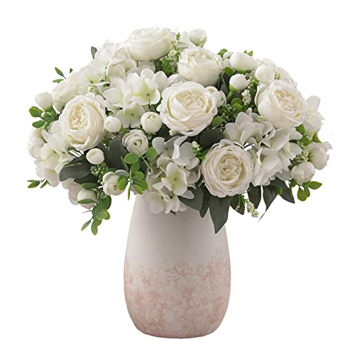 4 Bunches White Peonies Artificial Flowers for Decoration Faux Roses Fake Bouquet Arrangements Plastic Table Centerpiece Silk Flores for Vase Party Wedding Home Décor (White) - color: White